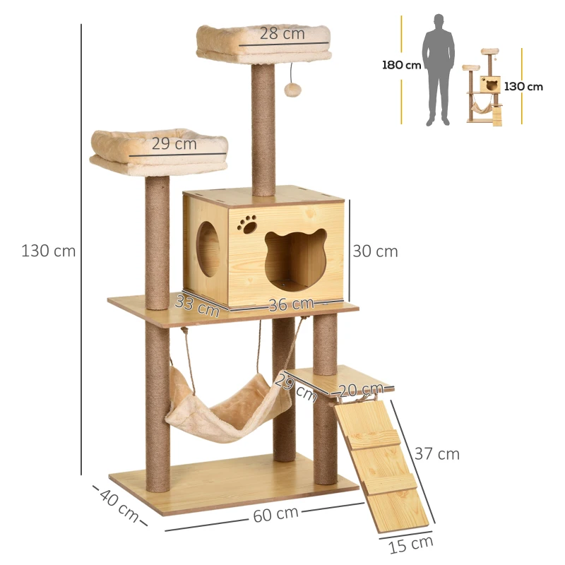 PawHut Arbre à chats design contemporain griffoirs grattoirs sisal naturel niche plate-formes hamac boule panneaux particules beige