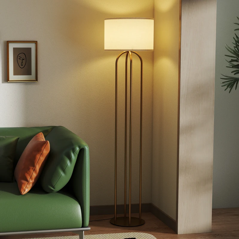 HOMCOM Lampadaire sur pied de salon, lampe sur pied avec abat-jour en lin et interrupteur à pied, Ø 38 x 161 cm, doré et beige