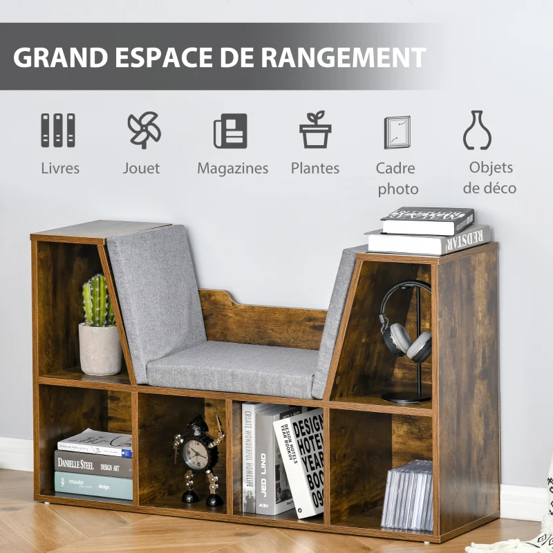 HOMCOM Bibliothèque banc 2 en 1 avec coussins de siège, étagère cube 6 compartiments ouverts, 102 x 30 x 61 cm, brun rustique