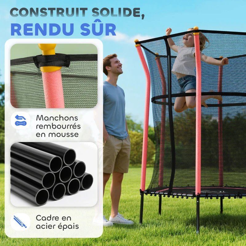 HOMCOM Trampoline pour enfant Ø 1,63 x 1,9 m filet de sécurité porte zippée 6 poteaux rembourrés inclus rouge noir