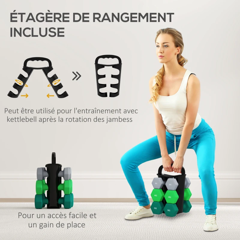 SPORTNOW Lot d'haltères hexagonaux, haltères musculation, 2 x 3 kg, 2 x 4 kg, 2 x 5 kg, avec support convertible d'haltères