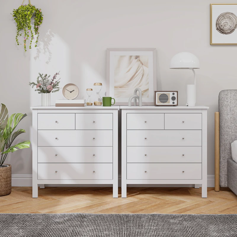 HOMCOM Commode à 5 tiroirs, meuble de rangement, avec poignées, glissières métalliques,  en bois, 79l x 39,5P x 80,5H cm, blanc