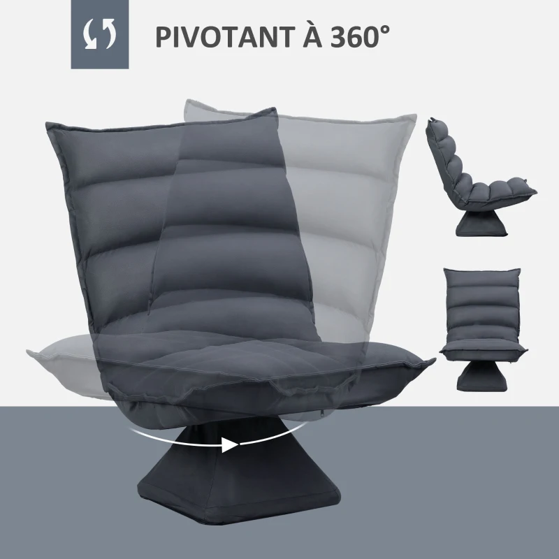 HOMCOM Fauteuil de sol paresseux pivotant 360° avec dossier inclinable design capitonné 62 x 62 x 95 cm gris foncé