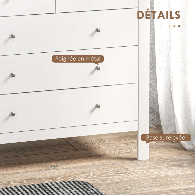 HOMCOM Commode à 5 tiroirs, meuble de rangement, avec poignées, glissières métalliques,  en bois, 79l x 39,5P x 80,5H cm, blanc