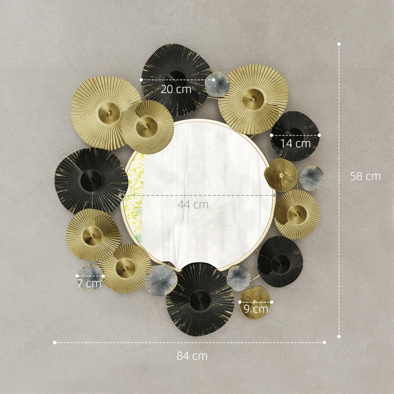 HOMCOM Adorno de Pared Metálico con Espejo Decorativo para Salón Dormitorio Pasillo 84x84 cm Dorado y Negro