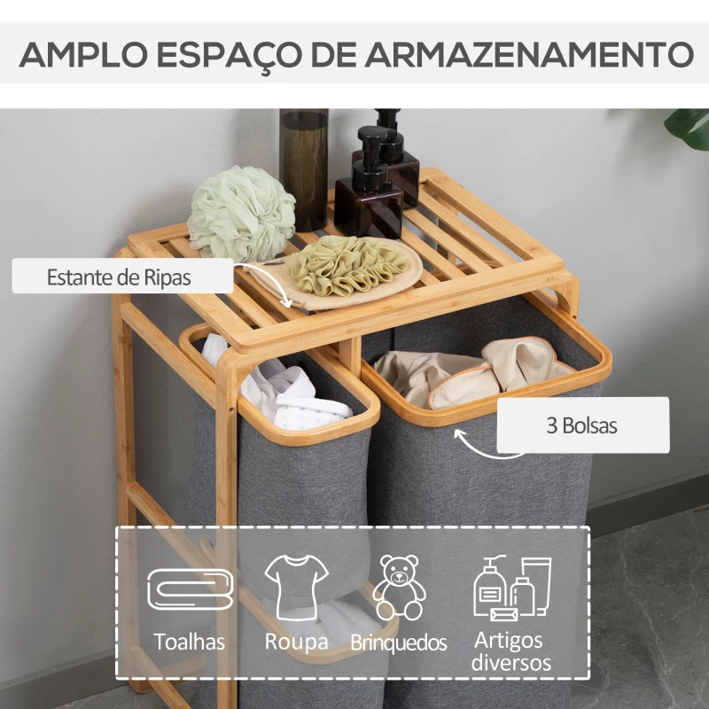 HOMCOM Cesto de Roupa de Bambu com 3 Bolsas de Tecido Amovíveis e Prateleira Aberta 50x32x69,7cm Cinza e Madeira