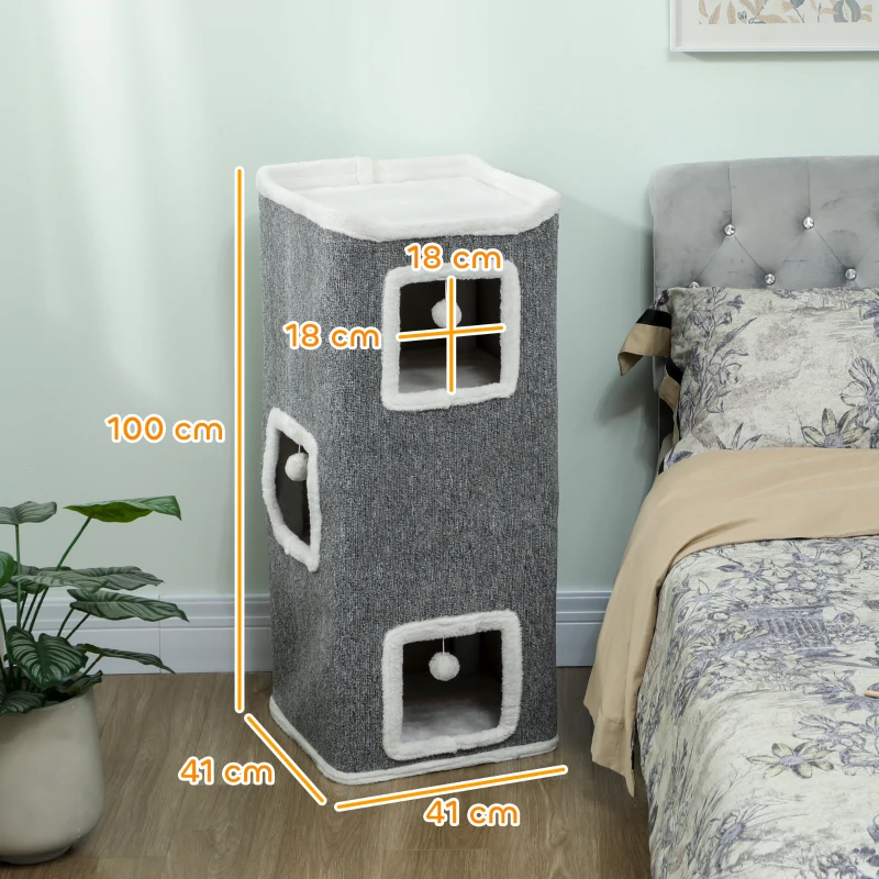PawHut Torre per Gatti con 3 Casette, 3 Palline e Posatoio, in Legno, Tessuto e Peluche, 41x41x100 cm, Grigio e Bianco