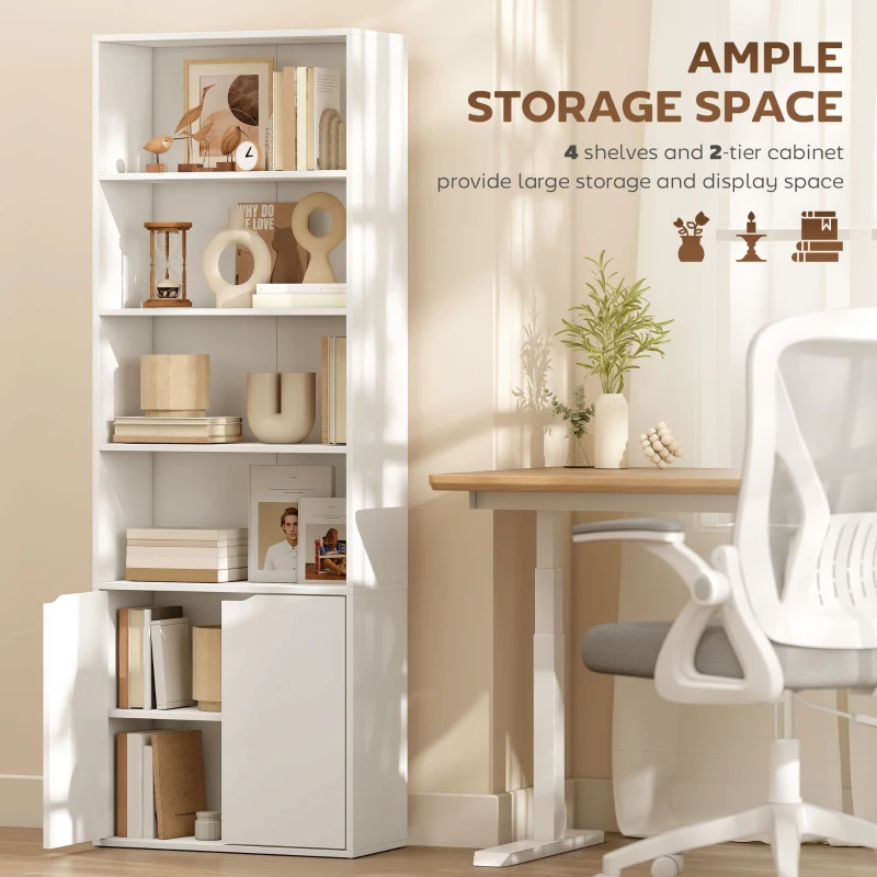 HOMCOM 6-Tier Tall Bookcase, Bookshelf with 4 Open Shelves and Double Door Storage Cabinet, Freestanding Display Rack for Living Room, Bedroom, Home Office, Study, 59 x 29 x 180cm, White