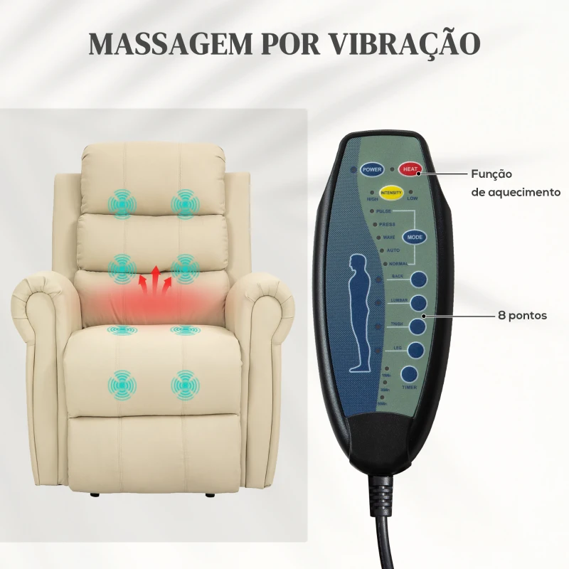HOMCOM Poltrona Reclinável Elétrica Levanta Pessoas com Massagem Vibratória e Aquecimento  98x96x105 cm Creme