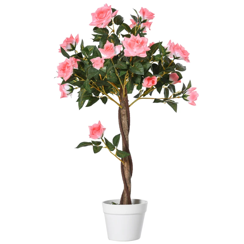 Outsunny Pianta Finta di Rosa da 21 Fiori con Vaso Riempito in Cemento e Muschio, Ø18x90 cm, Rosa