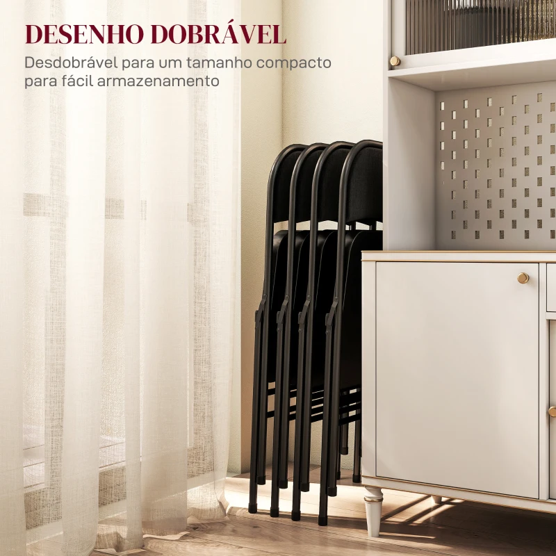 HOMCOM Conjunto de 4 Cadeiras Dobráveis com Encosto e Estrutura de Aço para Sala de Estar escritório Estúdio 45x46x78 cm Preto