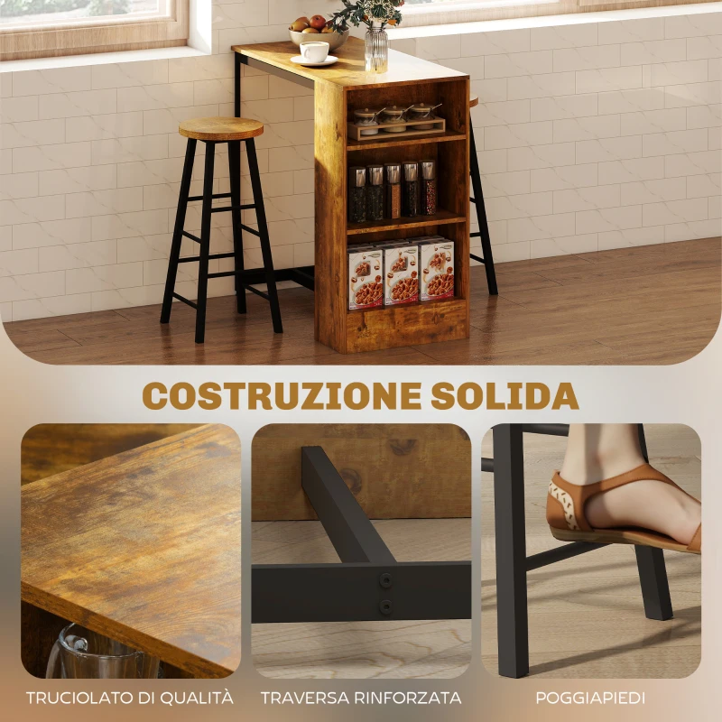 HOMCOM Set da Pranzo con Bancone Bar con 3 Ripiani e 2 Sgabelli Alti con Poggiapiedi Stile Industriale, Marrone