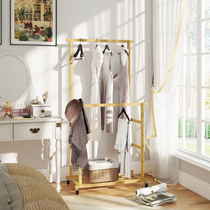 HOMCOM Charriot com Rodas de Bambu com Sapateira 2 Barras para Pendurar para Entrada Corredor Quarto 80x40x160 cm Madeira