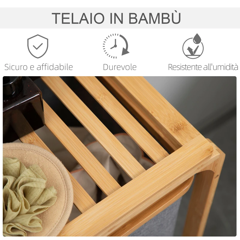 HOMCOM Cesto Portabiancheria con 3 Scomparti in Tessuto e Bambù, 50x32x69.7cm