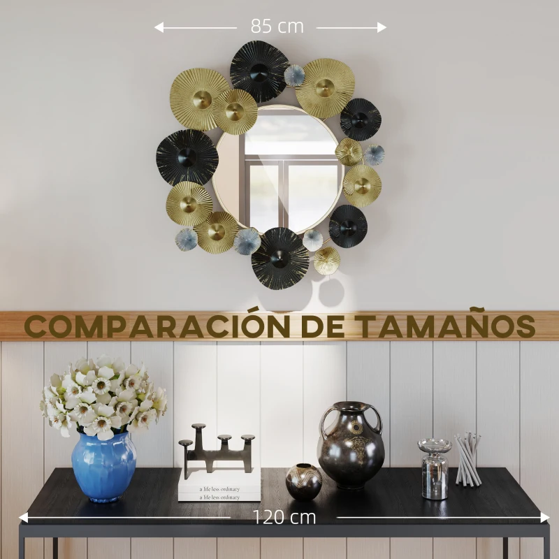 HOMCOM Adorno de Pared Metálico con Espejo Decorativo para Salón Dormitorio Pasillo 84x84 cm Dorado y Negro