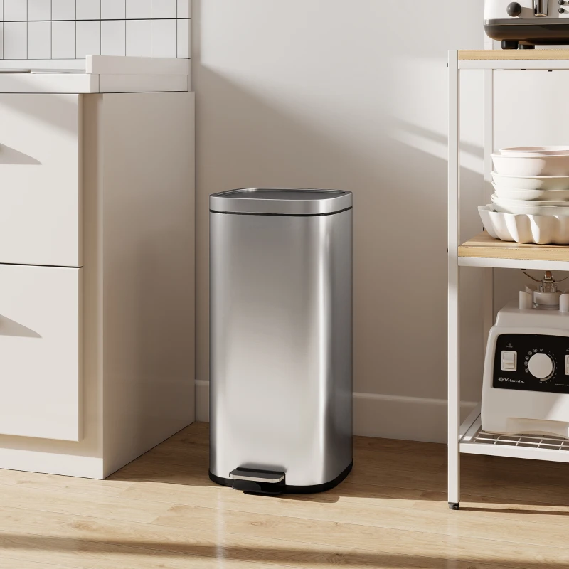 HOMCOM 30L (7.9 Gal) Fingerprint-Resistant Step Bin — Soft-Close Lid, Removable Inner Bucket, Silver