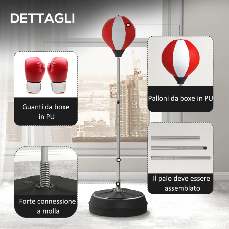 HOMCOM Punching Ball da Terra ad Altezza Regolabile con Guantoni e Base Riempibile, 43x43x126-144 cm, Rosso e Bianco