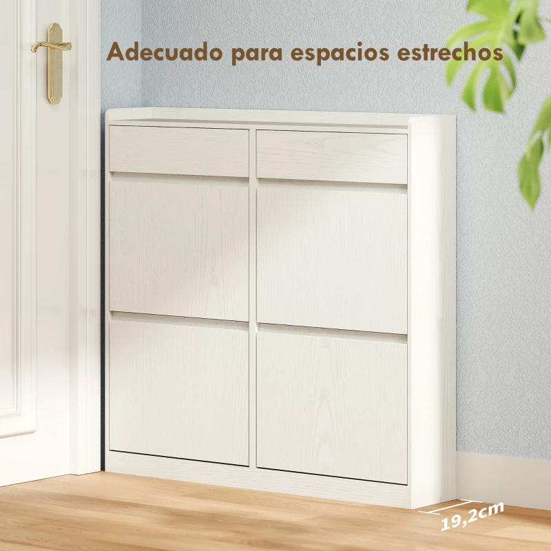 HOMCOM Zapatero Estrecho con 2 Cajones 4 Compartimentos Abatibles y Encimera 98x19,2x95,3 cm Blanco Veteado