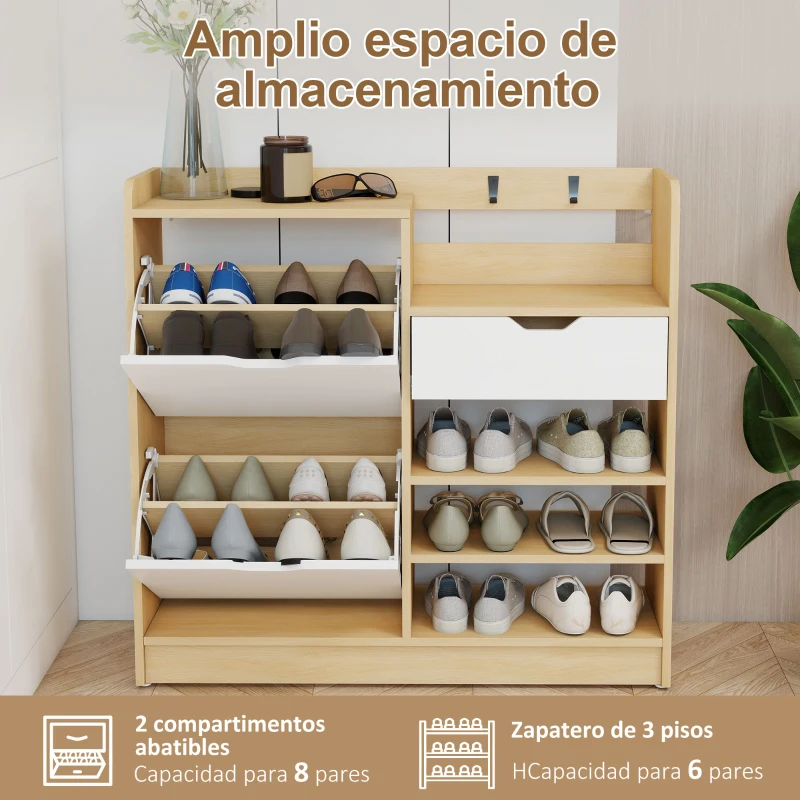 HOMCOM Zapatero Entrada Recibidor con Cajón Estantes Abiertos 4 Ganchos para 14 Pares de Zapatos Natural y Blanco