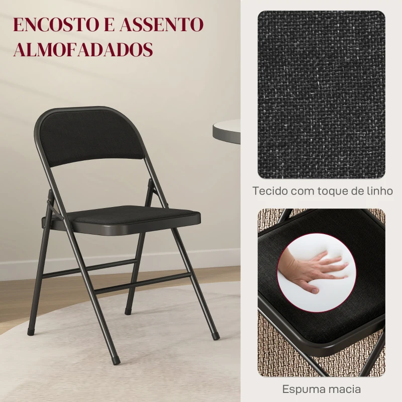 HOMCOM Conjunto de 4 Cadeiras Dobráveis com Encosto e Estrutura de Aço para Sala de Estar escritório Estúdio 45x46x78 cm Preto