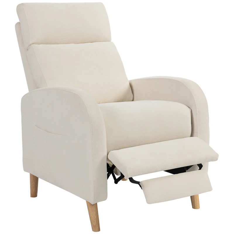 HOMCOM Poltrona Relax Reclinável Manual Estofada em Linho Sintético com Apoio para os Pés e Bolso Lateral 68x90x106 cm Creme