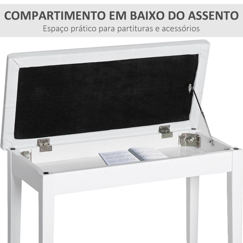 HOMCOM Banco de Piano Banco para Piano com Espaço de Armazenamento Assento de Couro Sintético Acolchoado 76x36x50 cm Branco