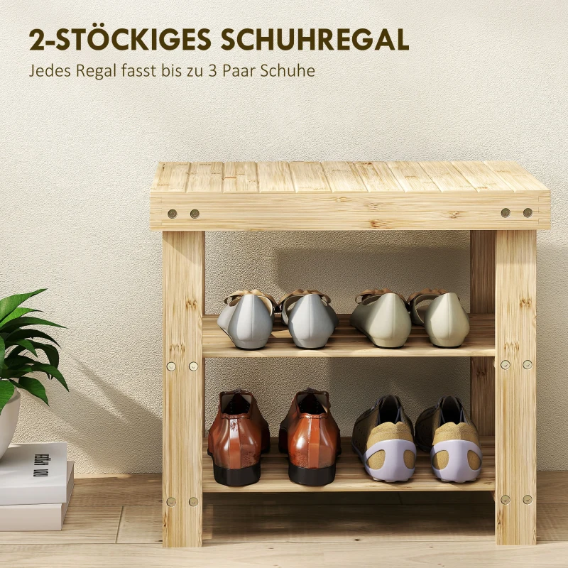 HOMCOM Schuhbank aus Bambus, Schuhregal mit 2 Ablagen, Sitzfläche, für Flur, Eingangsbereich, 50x28x45cm, Natur
