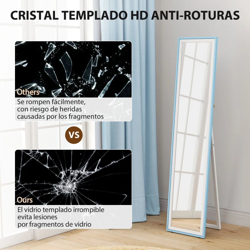 HOMCOM Espejo de Pie Cuerpo Entero con Marco de MDF Espejo de Pared Rectangular con 2 Formas de Uso 37x4x157 cm Blanco y Azul