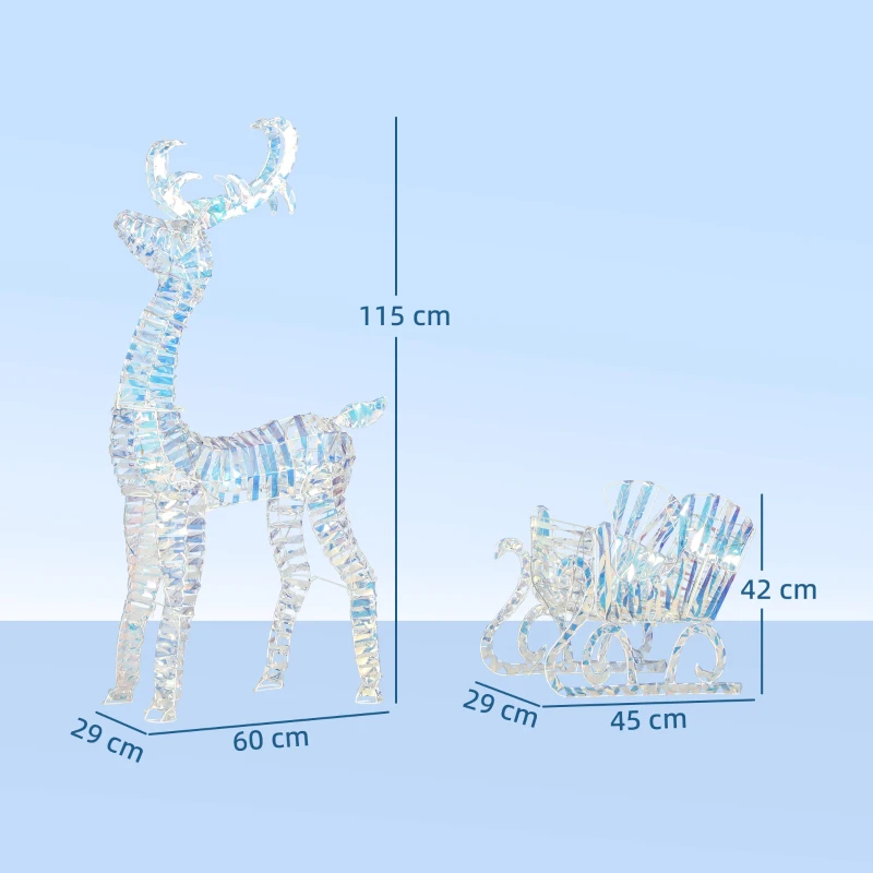 Outsunny Lighted Christmas Reindeer with Sleigh, Outdoor Yard Reindeer with 170 Warm White LED Lights, Holiday Decor with Stakes, Waterproof, Silver