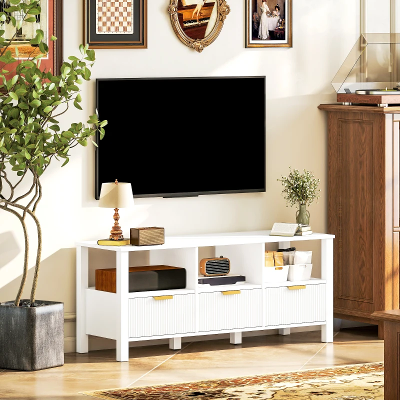 HOMCOM Móvel de TV Moderno com 3 Gavetas e 3 Prateleiras Abertas para Televisores de 43-55 Polegadas 120x39,5x50 cm Branco