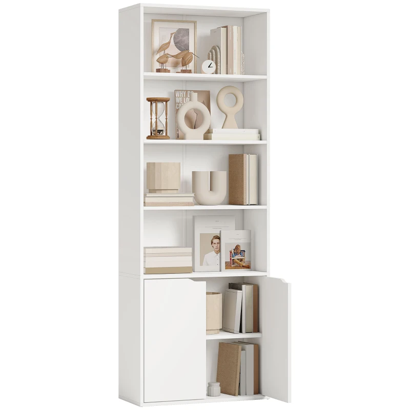 HOMCOM Libreria Moderna 4 Ripiani con Armadietto a 2 Ante in Legno, 59x29x180cm Bianca