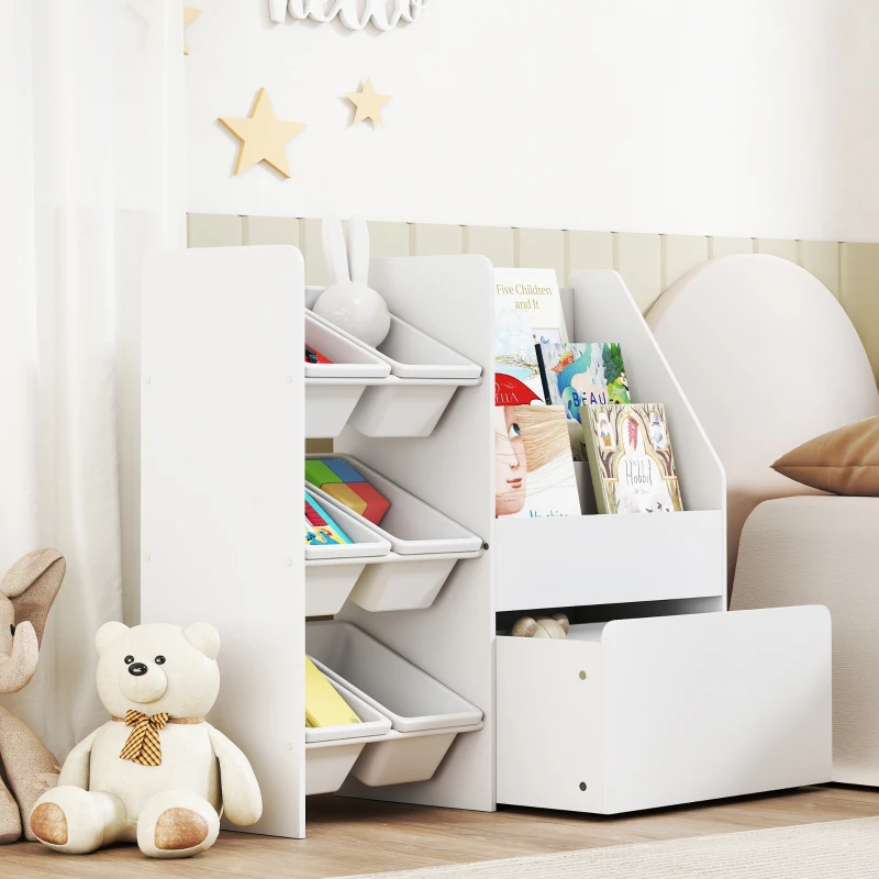 AIYAPLAY Estante Infantil para Brinquedos com 6 Caixas Removíveis 3 Prateleiras Abertas e Gaveta Inferior com Rodas 100x30x80 cm Branco