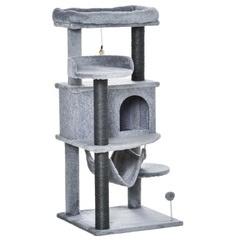 PawHut Árbol Rascador para Gatos 48x48x107 cm Torre para Gatos con Cueva de Fieltro Desmontable Hamaca Camas Plataformas Gris