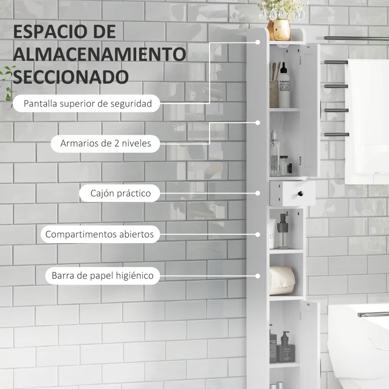 HOMCOM Columna de Baño con 2 Puertas Compartimento Abierto Estantes Ajustables y Portarrollos 20x20x185 cm Blanco
