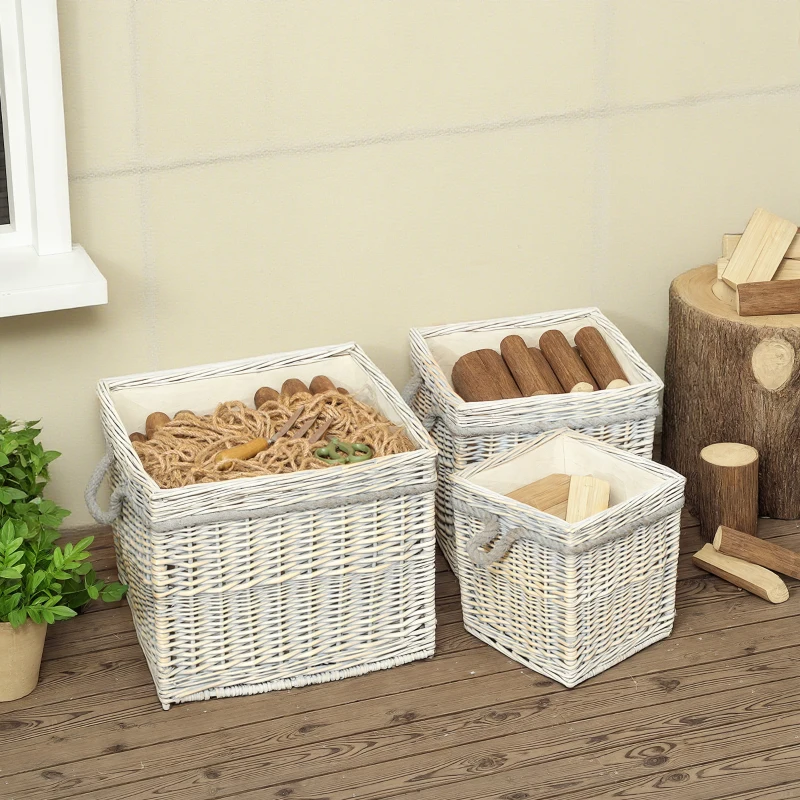 Outsunny Set of 3 Log Baskets for Wood Burner Indoor, Storage Basket with Lining and Rope Handles, Wicker Basket for Fireside Storage, Blankets, Beige