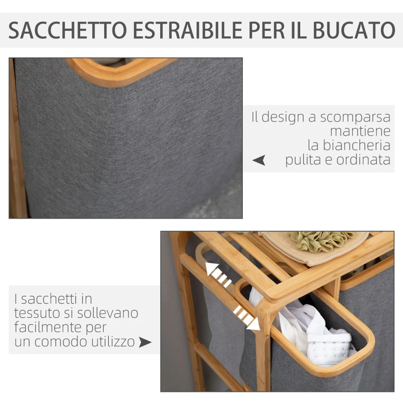 HOMCOM Cesto Portabiancheria con 3 Scomparti in Tessuto e Bambù, 50x32x69.7cm
