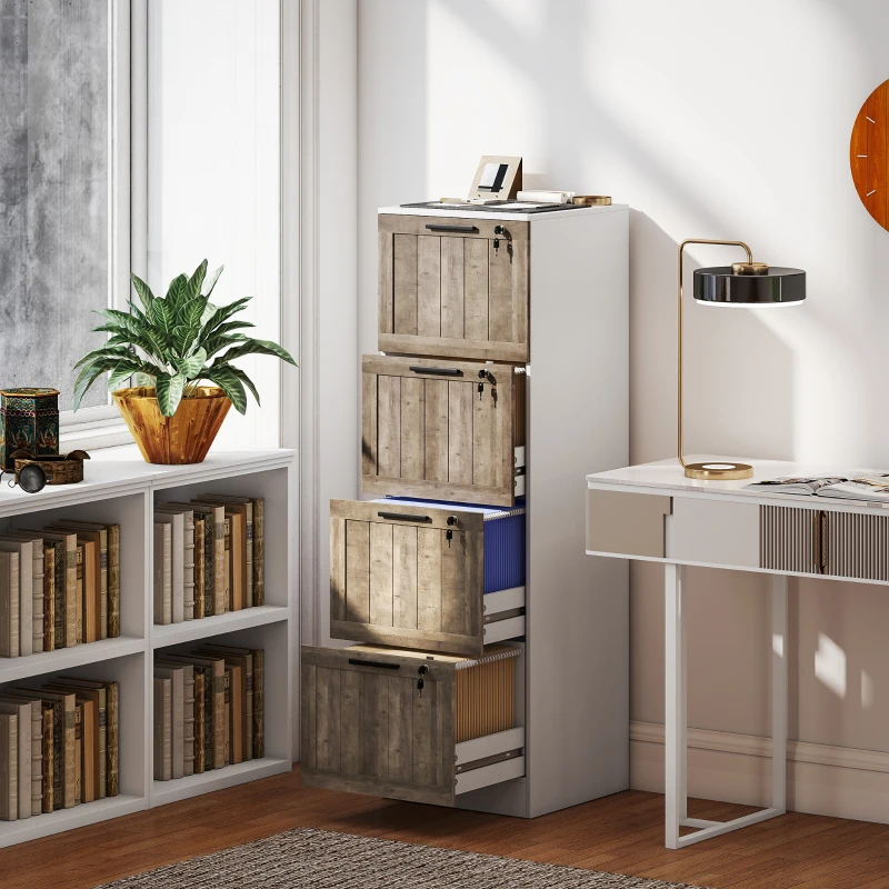 HOMCOM Cajonera de Escritorio con 4 Cajones Cerradura 2 Llaves Barras Colgantes para A4 Carta 39,4x40x129 cm Blanco y Madera