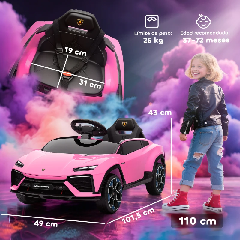 AIYAPLAY Coche Eléctrico para Niños de +3 Años con licencia Lamborghini Batería 12V Mando a Distancia 2,4 G Motor Doble Rosa
