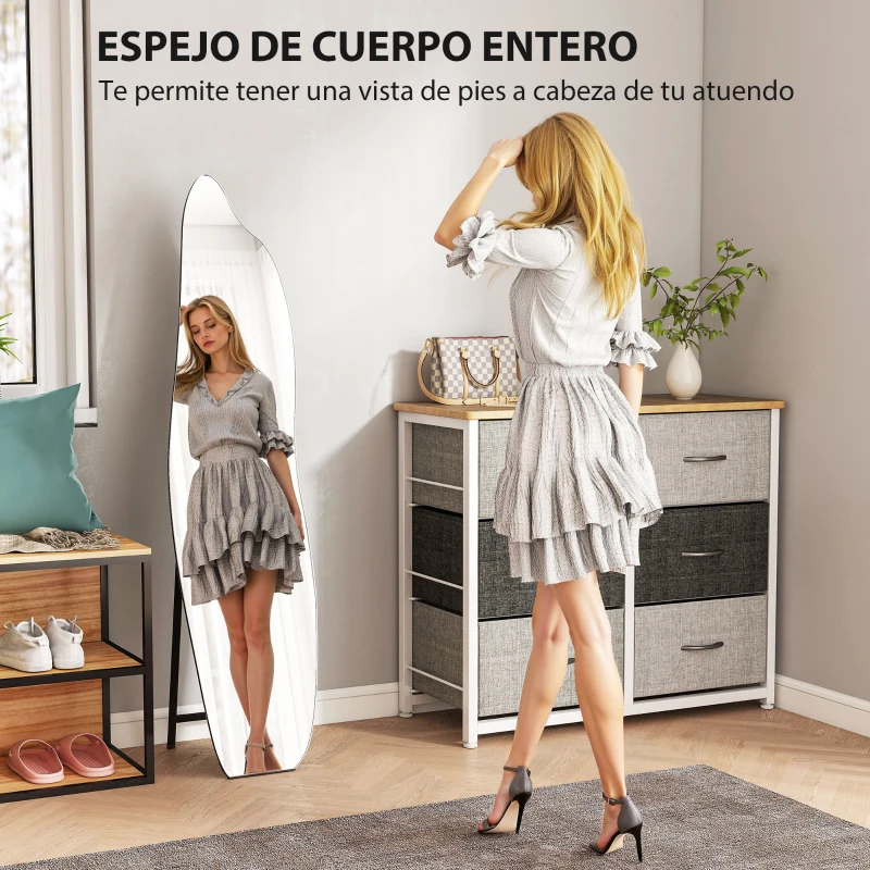 HOMCOM Espejo de Pie Cuerpo Entero sin Marco Espejo de Pie Forma Irregular con Soporte 40x4x160 cm Negro y Plata