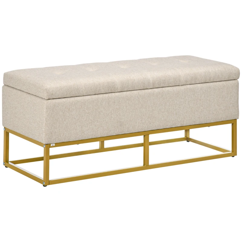 HOMCOM Panca con Contenitore in Poliestere Trapuntata con Gambe in Acciaio d'oro, 110x44x48cm, Beige