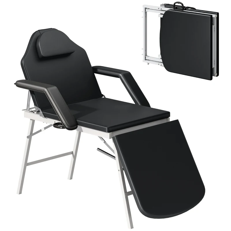 HOMCOM Portable Massage Table, 3 Section Adjustable Beauty Bed, Foldable Massage Bed with Face Hole, Recliner Chair with Removable Headrest and Armrests for Spa, Lash, Tattoo, Black