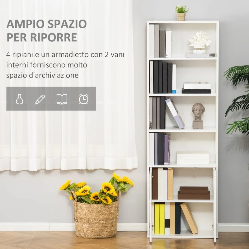 HOMCOM Libreria Moderna 4 Ripiani con Armadietto a 2 Ante in Legno, 59x29x180cm Bianca