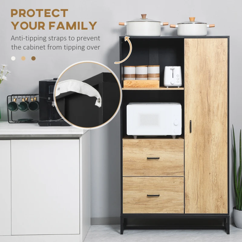 HOMCOM Kitchen Storage Cabinet – 2 Drawers, 2 Open Compartments, Adjustable Shelves, 88x35x160 cm (Black/Natural)
