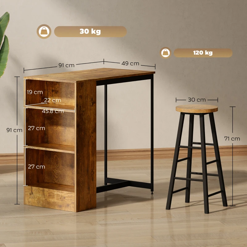 HOMCOM Set da Pranzo con Bancone Bar con 3 Ripiani e 2 Sgabelli Alti con Poggiapiedi Stile Industriale, Marrone