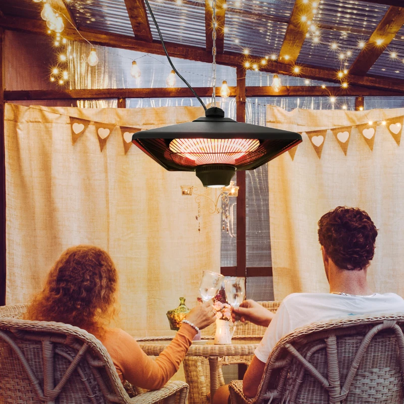 Outsunny Hanging Patio Heater 2000W Waterproof 2 Power Settings LED Light Remote Control Outdoor Black