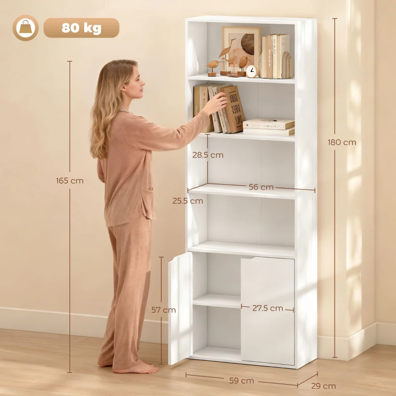 HOMCOM 6-Tier Tall Bookcase, Bookshelf with 4 Open Shelves and Double Door Storage Cabinet, Freestanding Display Rack for Living Room, Bedroom, Home Office, Study, 59 x 29 x 180cm, White