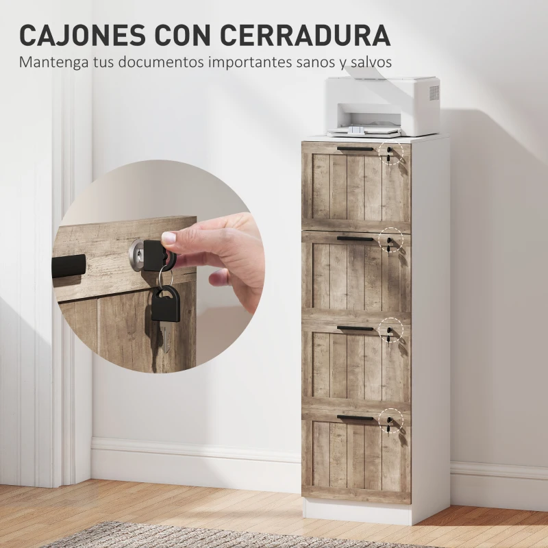 HOMCOM Cajonera de Escritorio con 4 Cajones Cerradura 2 Llaves Barras Colgantes para A4 Carta 39,4x40x129 cm Blanco y Madera