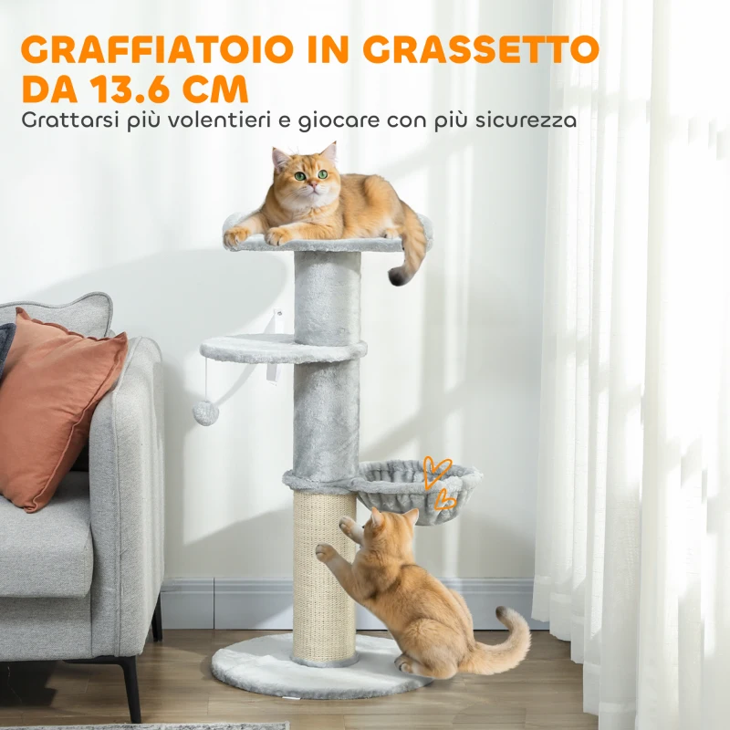 PawHut Albero Tiragraffi per Gatti Alto 103.5 cm con Lettino e Amaca, Rivestimento in Peluche, Grigio Chiaro