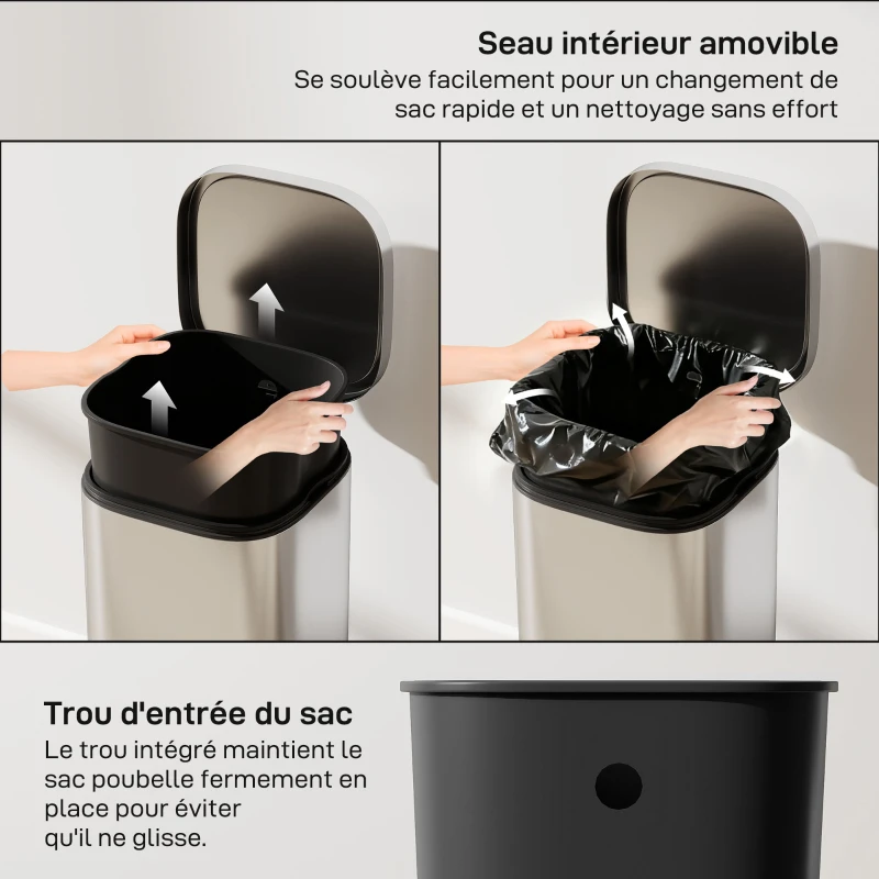 HOMCOM Poubelle cuisine 30L, poubelle à pédale avec seau intérieur amovible, couvercle à fermeture douce, 29x36x59,5cm, argent