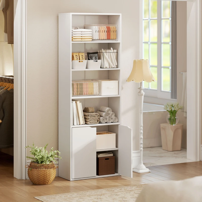 HOMCOM Bibliothèque Armoire à livres avec 4 compartiments ouverts et 2 portes pour le salon et le bureau 59x29x180 cm Blanc